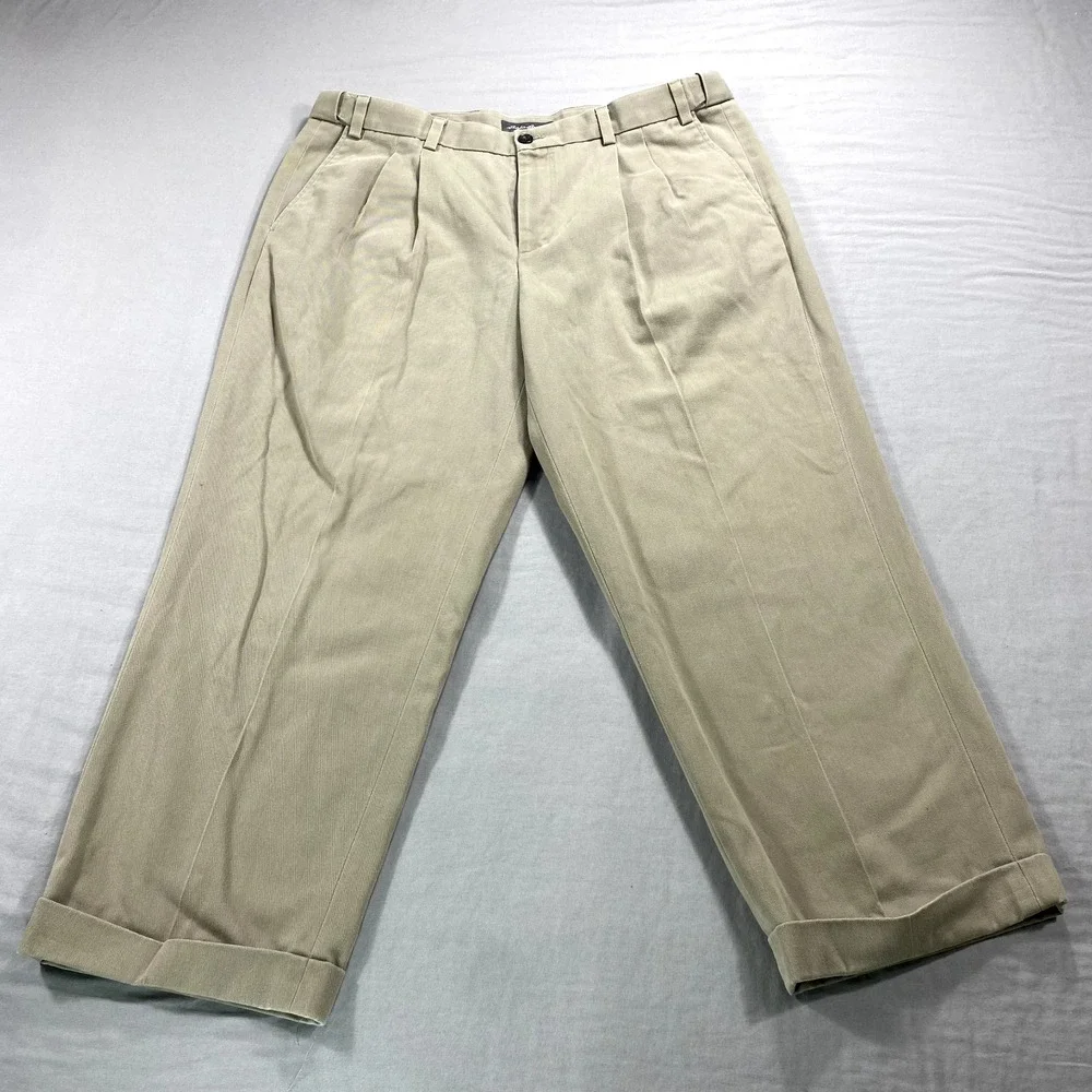 Eddie Bauer Pants Mens 38x27 Khaki Relaxed Fit Pleated Cuffed Chino Casual Dress